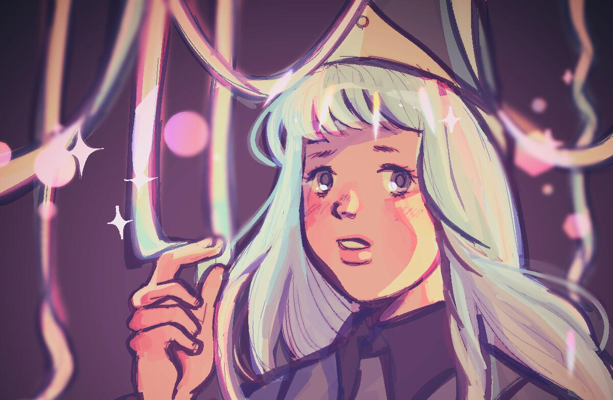 digital fanart of richeh from witch hat atelier. she is drawn from the shoulders up, crystal ribbons dangle above her.